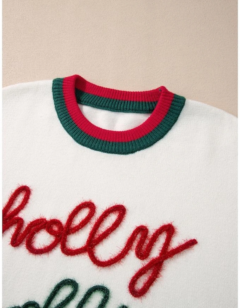 White Tinsel holly jolly Pattern Colorblock Edge Drop Shoulder Plus Size Sweater