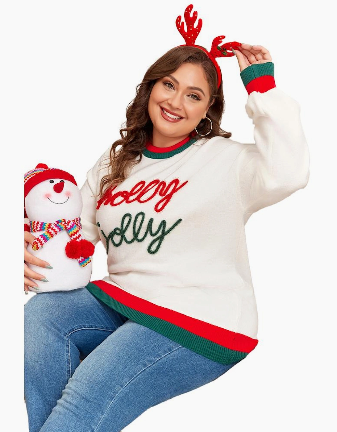 White Tinsel holly jolly Pattern Colorblock Edge Drop Shoulder Plus Size Sweater