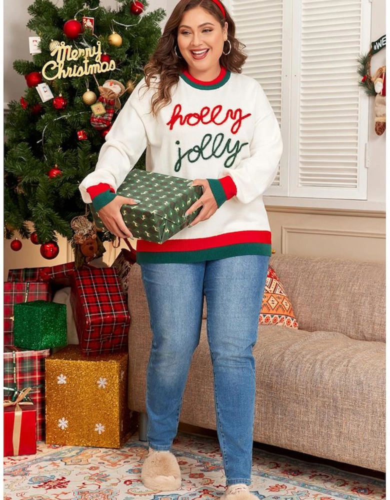 White Tinsel holly jolly Pattern Colorblock Edge Drop Shoulder Plus Size Sweater