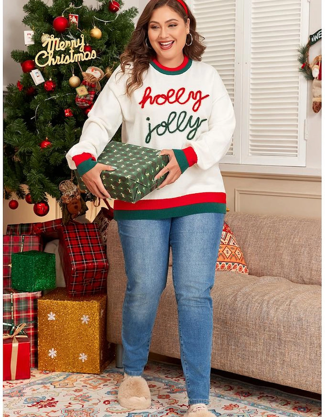 White Tinsel holly jolly Pattern Colorblock Edge Drop Shoulder Plus Size Sweater