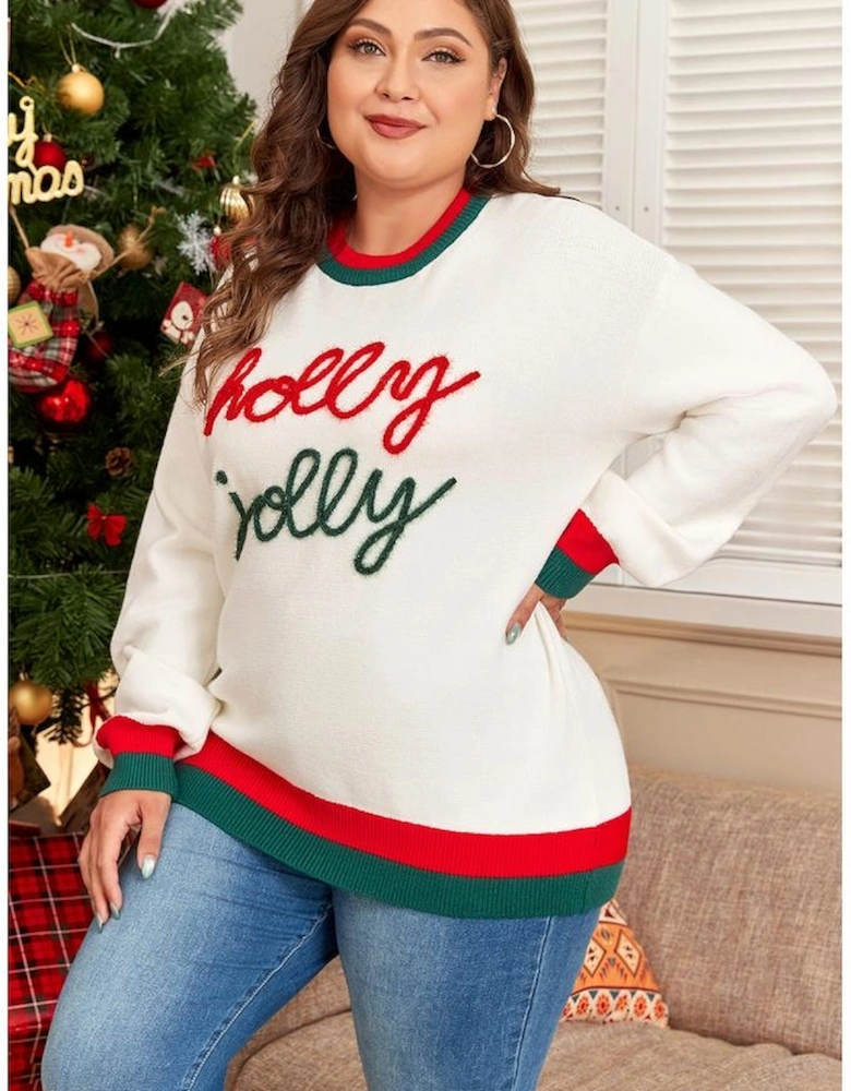 White Tinsel holly jolly Pattern Colorblock Edge Drop Shoulder Plus Size Sweater