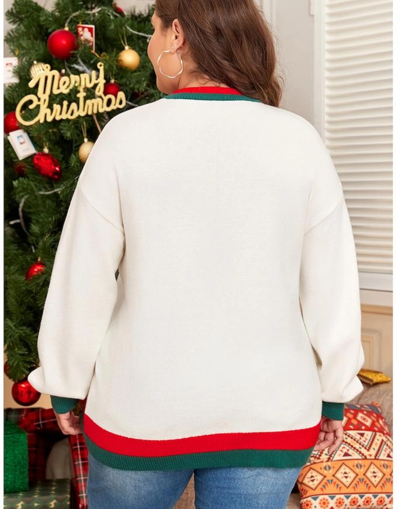 White Tinsel holly jolly Pattern Colorblock Edge Drop Shoulder Plus Size Sweater