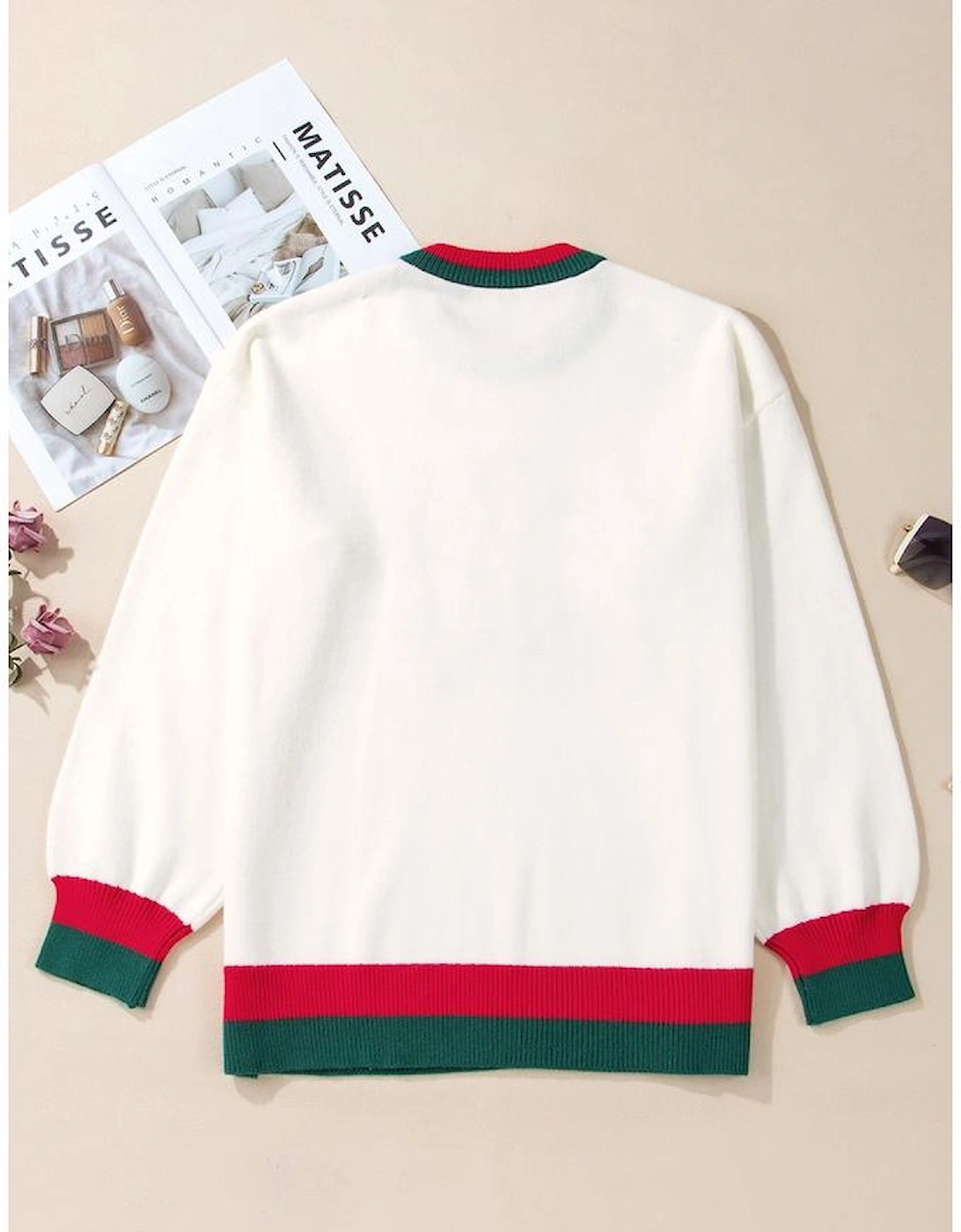 White Tinsel holly jolly Pattern Colorblock Edge Drop Shoulder Plus Size Sweater