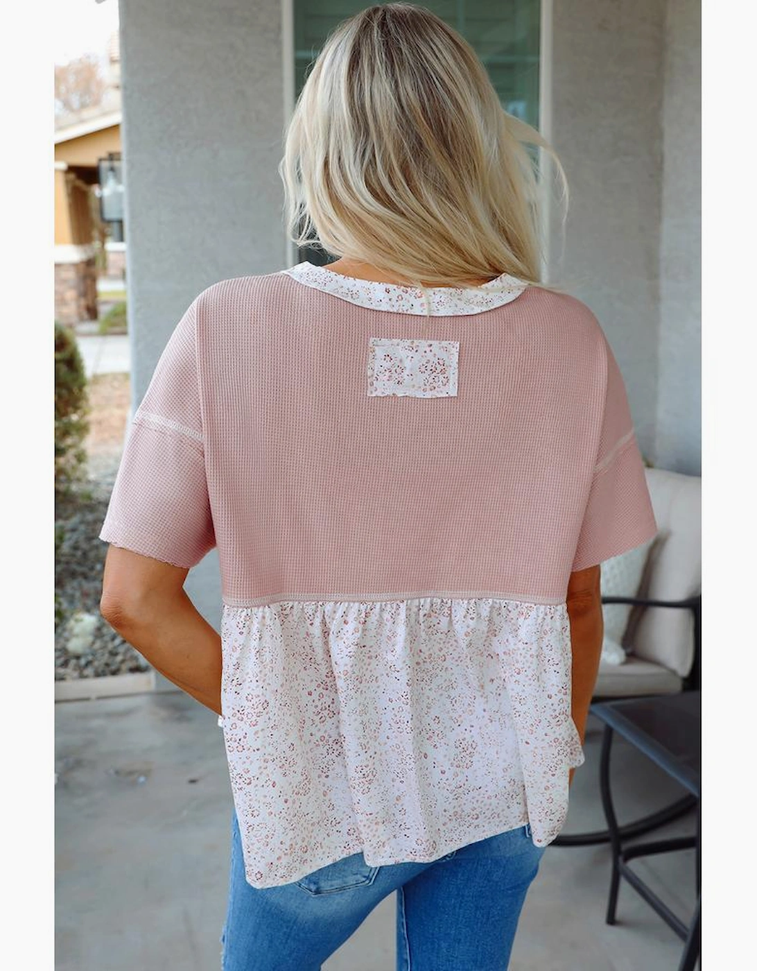 Pink Waffle Floral Patchwork Exposed Seam Detail Short Sleeve Top, 16 of 15