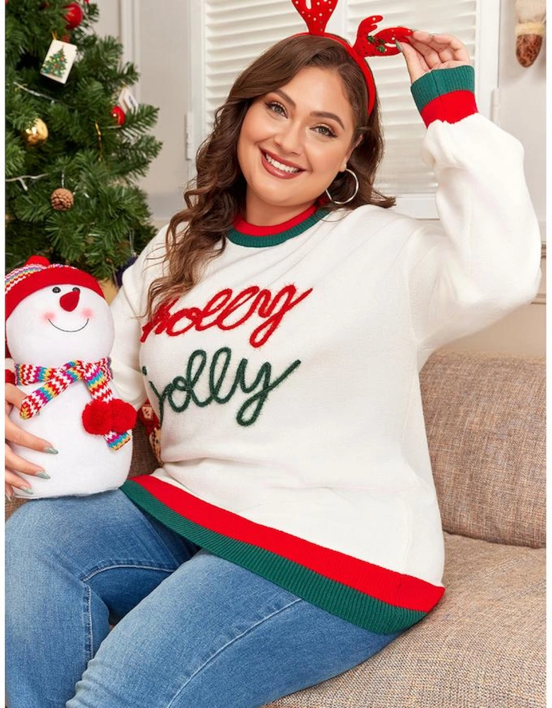 White Tinsel holly jolly Pattern Colorblock Edge Drop Shoulder Plus Size Sweater