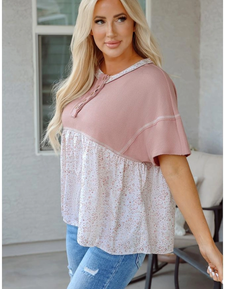 Pink Waffle Floral Patchwork Exposed Seam Detail Short Sleeve Top