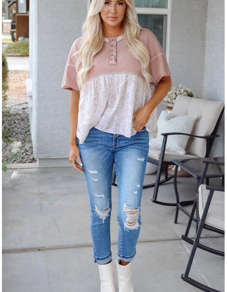 Pink Waffle Floral Patchwork Exposed Seam Detail Short Sleeve Top