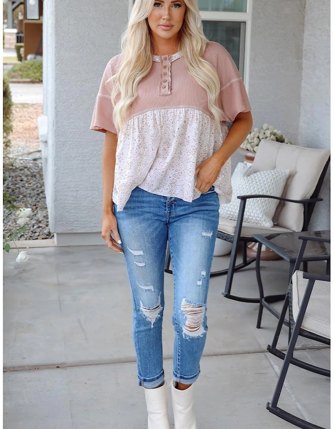 Pink Waffle Floral Patchwork Exposed Seam Detail Short Sleeve Top