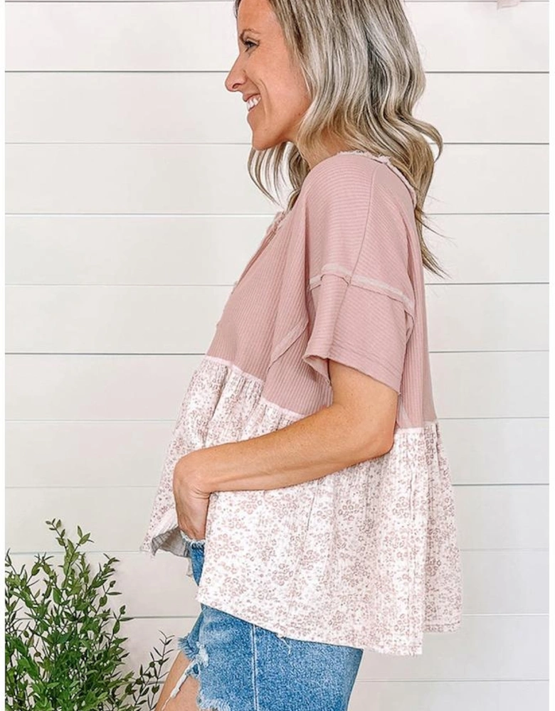 Pink Waffle Floral Patchwork Exposed Seam Detail Short Sleeve Top