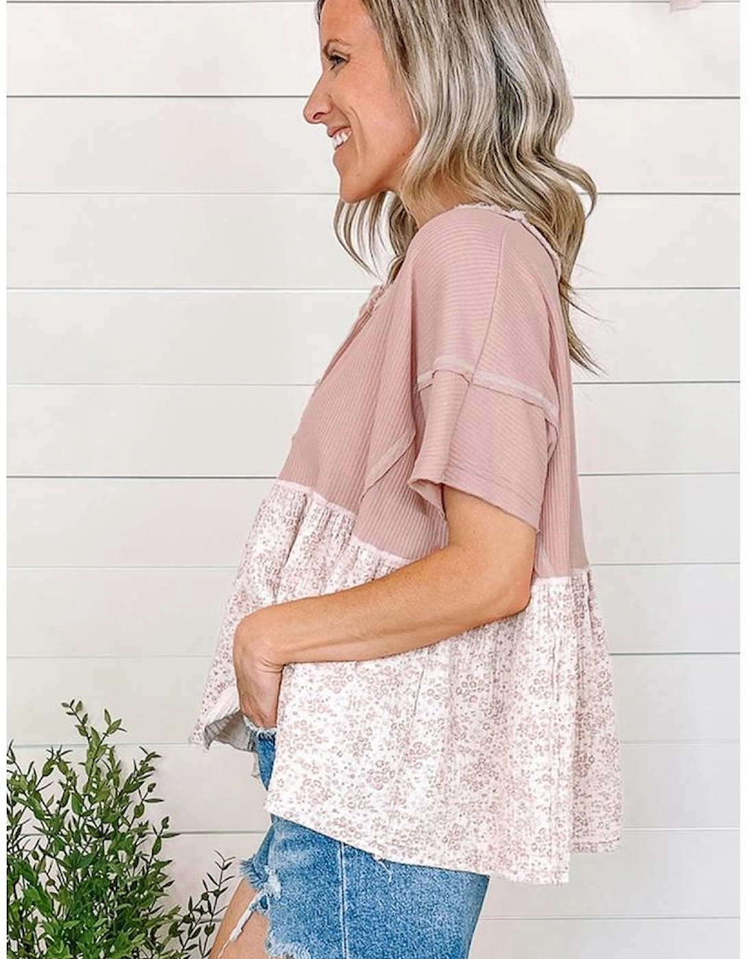 Pink Waffle Floral Patchwork Exposed Seam Detail Short Sleeve Top