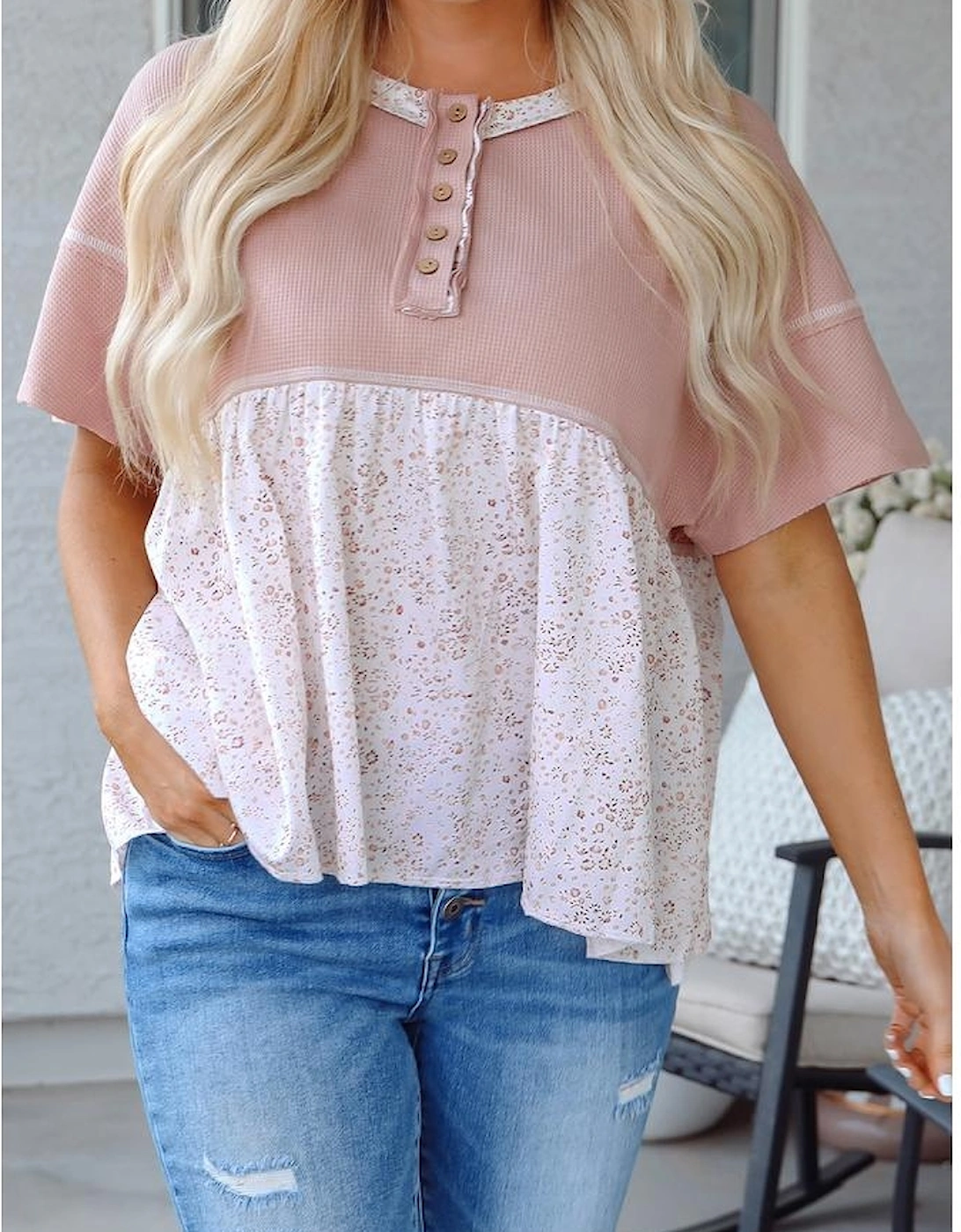 Pink Waffle Floral Patchwork Exposed Seam Detail Short Sleeve Top