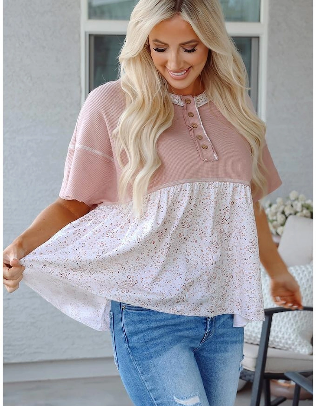 Pink Waffle Floral Patchwork Exposed Seam Detail Short Sleeve Top