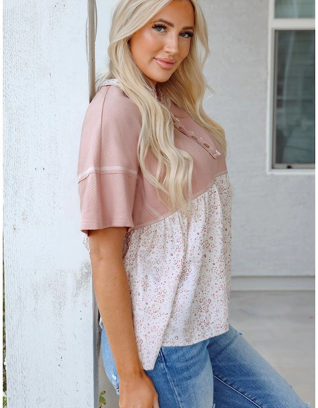 Pink Waffle Floral Patchwork Exposed Seam Detail Short Sleeve Top