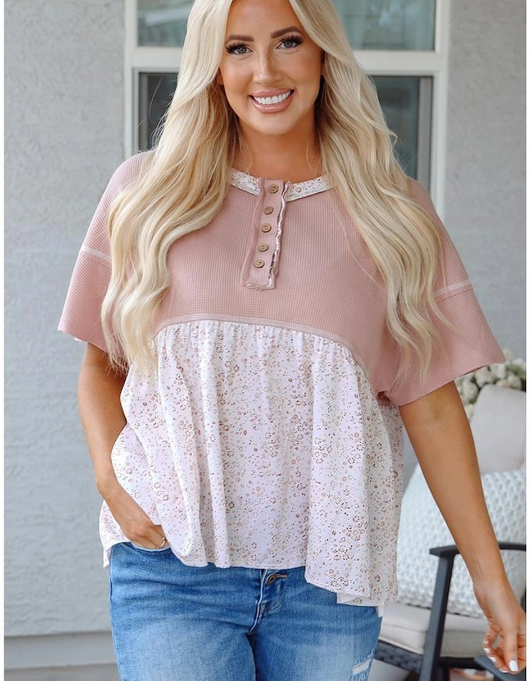 Pink Waffle Floral Patchwork Exposed Seam Detail Short Sleeve Top