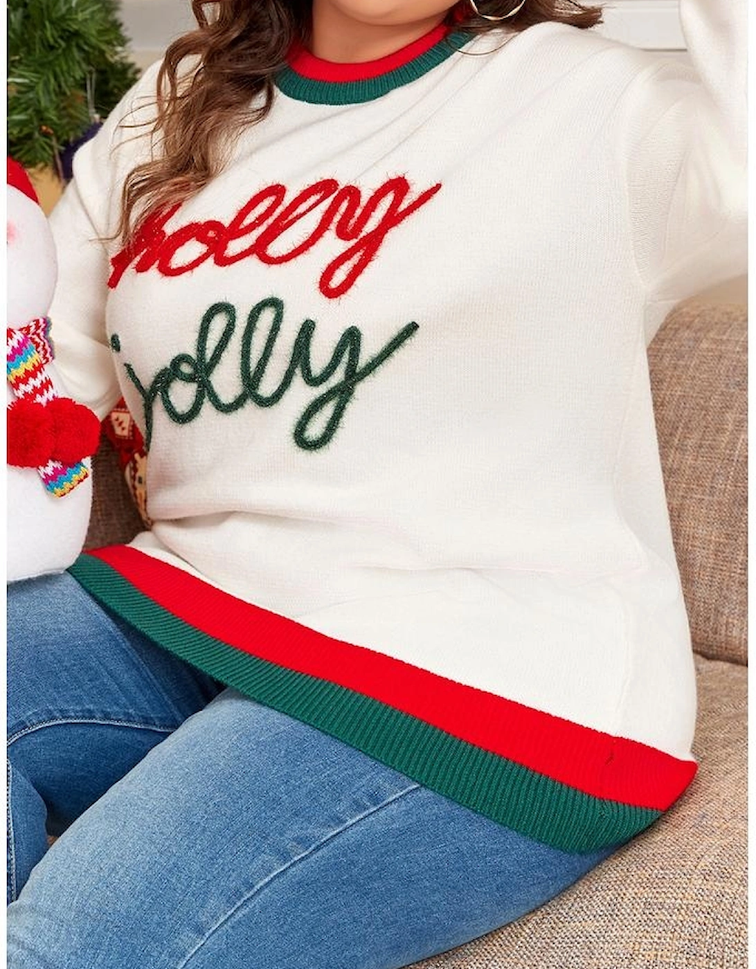 White Tinsel holly jolly Pattern Colorblock Edge Drop Shoulder Plus Size Sweater