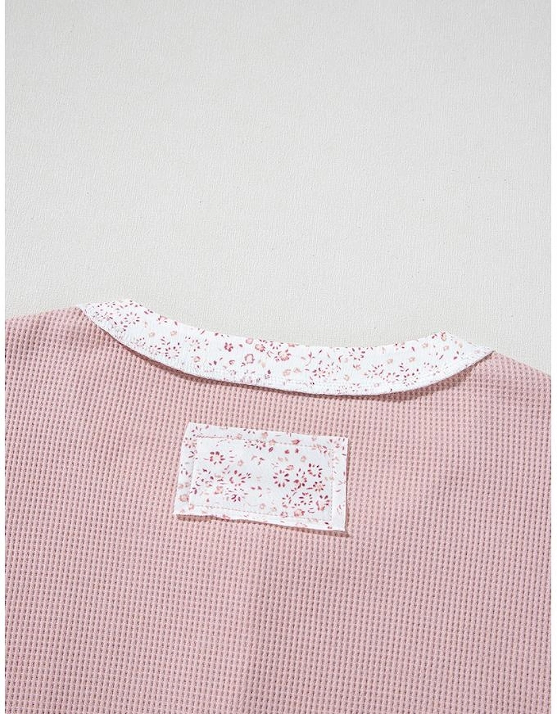 Pink Waffle Floral Patchwork Exposed Seam Detail Short Sleeve Top