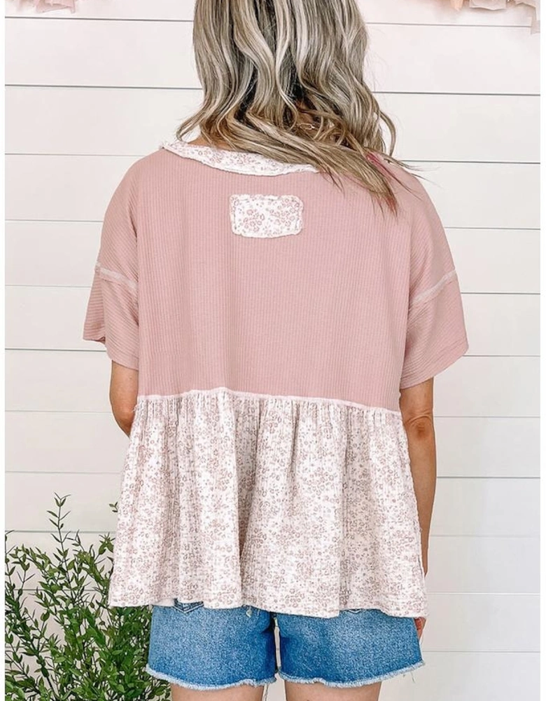 Pink Waffle Floral Patchwork Exposed Seam Detail Short Sleeve Top
