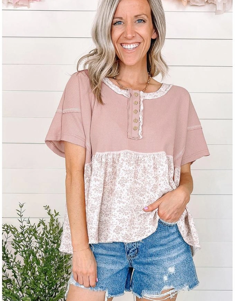 Pink Waffle Floral Patchwork Exposed Seam Detail Short Sleeve Top