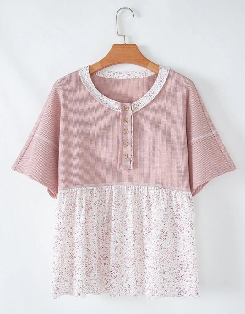 Pink Waffle Floral Patchwork Exposed Seam Detail Short Sleeve Top