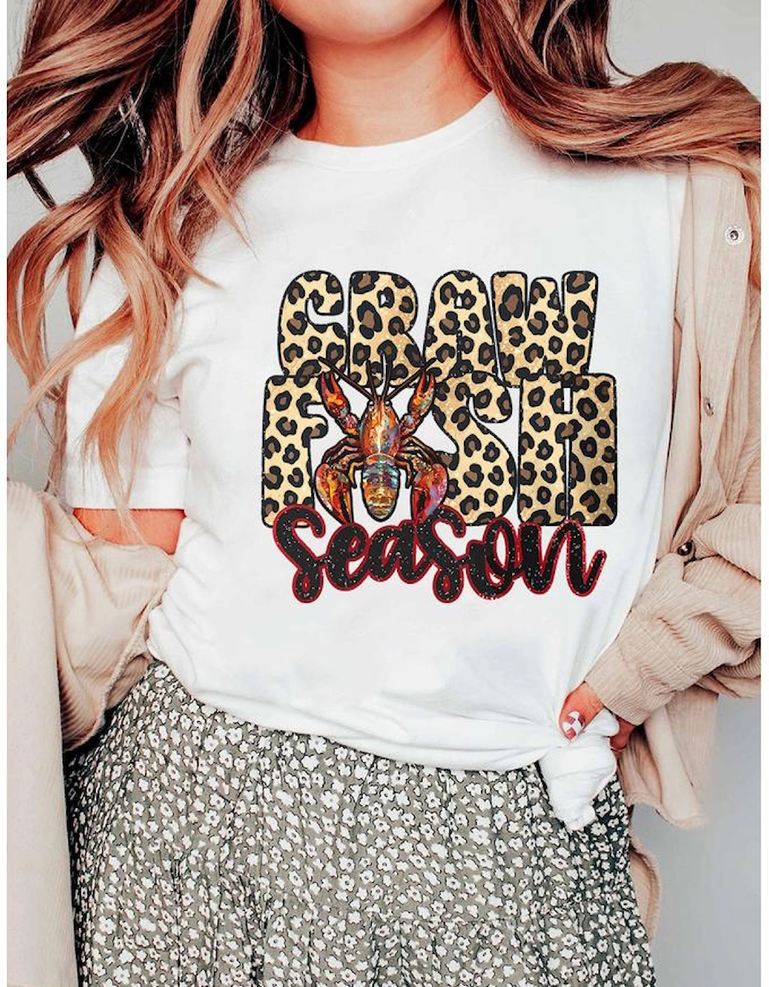 White Crawfish Season Leopard Letter Graphic Tee