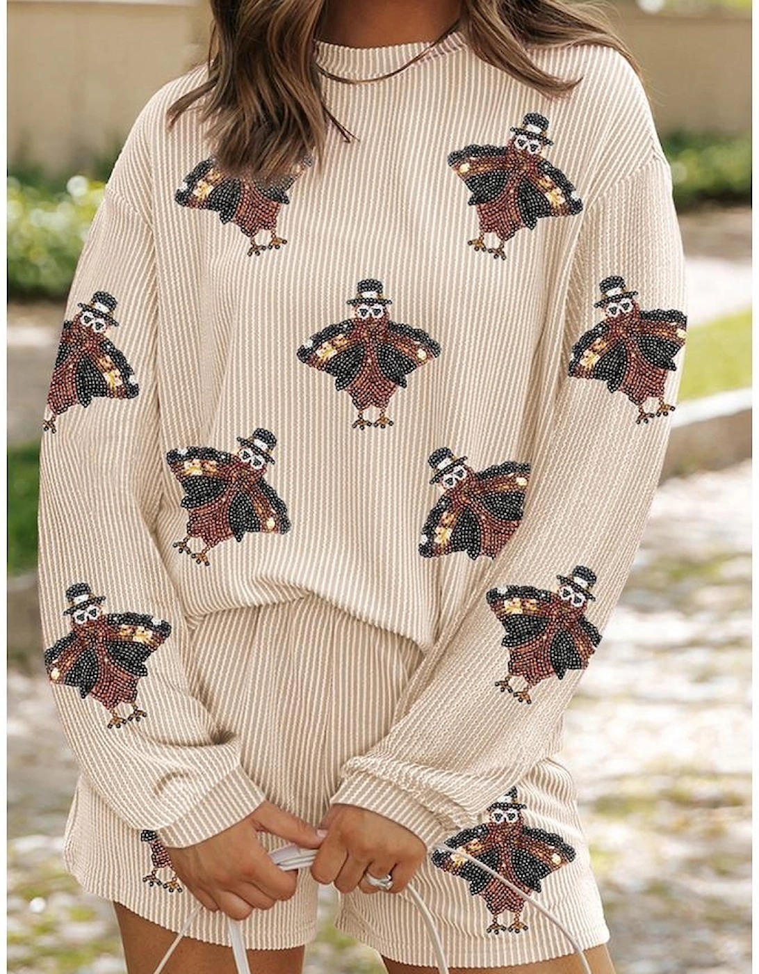 Parchment Thanksgiving Sequined Turkey Corded Knit Loose Fit Shorts Set