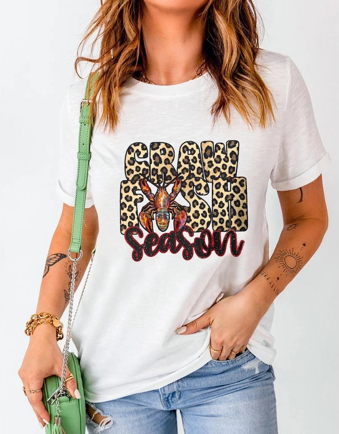 White Crawfish Season Leopard Letter Graphic Tee