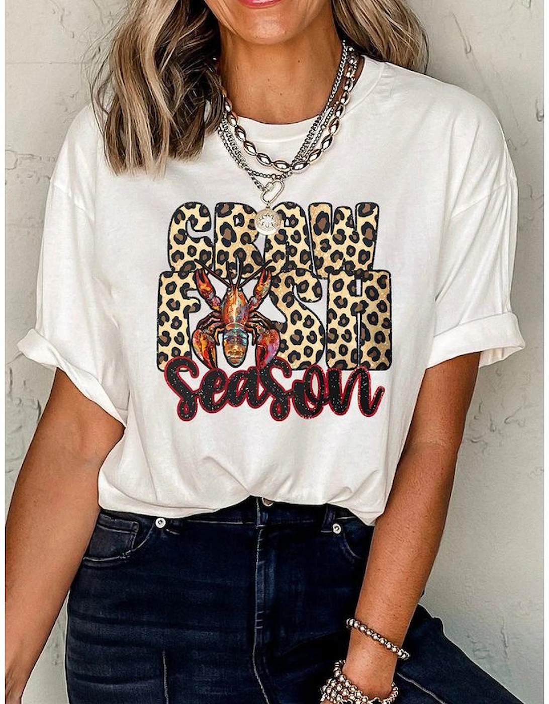 White Crawfish Season Leopard Letter Graphic Tee
