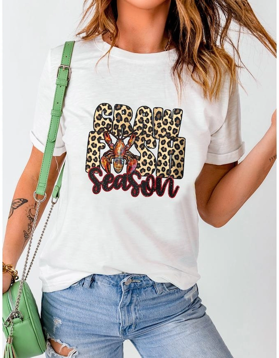 White Crawfish Season Leopard Letter Graphic Tee