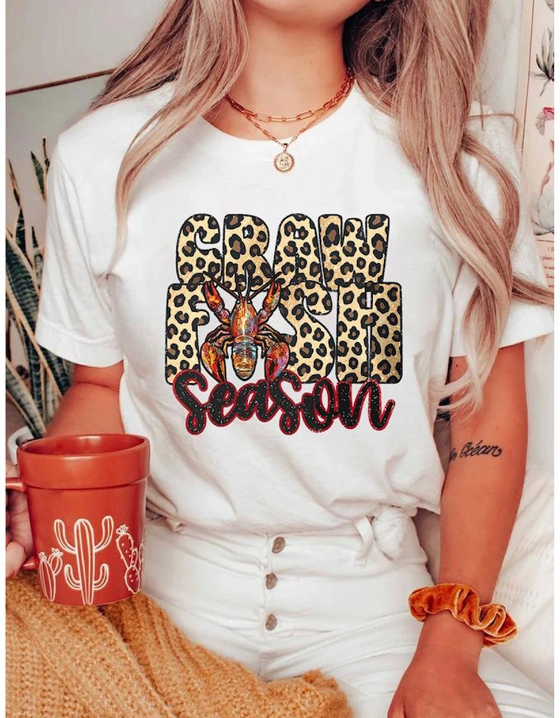 White Crawfish Season Leopard Letter Graphic Tee, 9 of 8