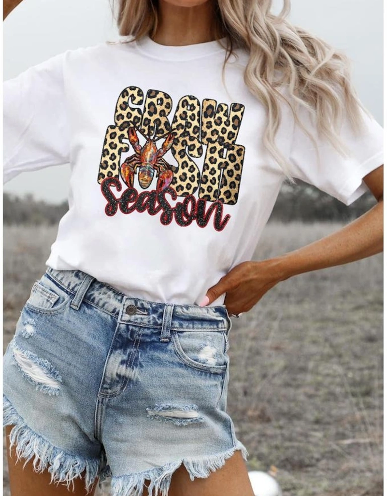 White Crawfish Season Leopard Letter Graphic Tee