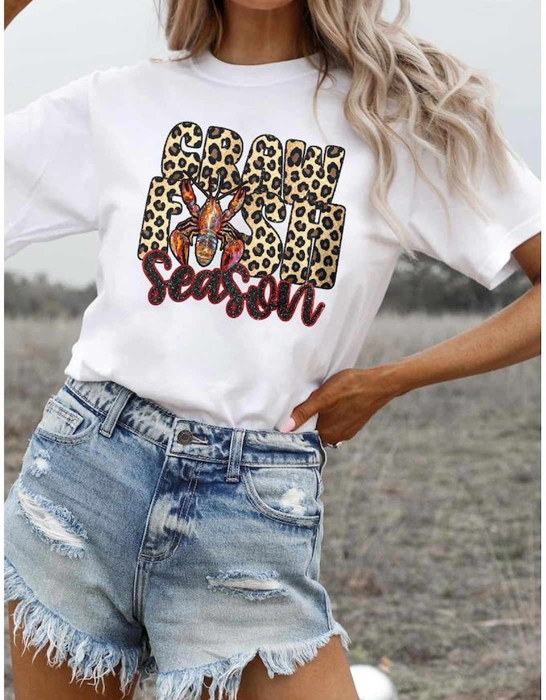 White Crawfish Season Leopard Letter Graphic Tee