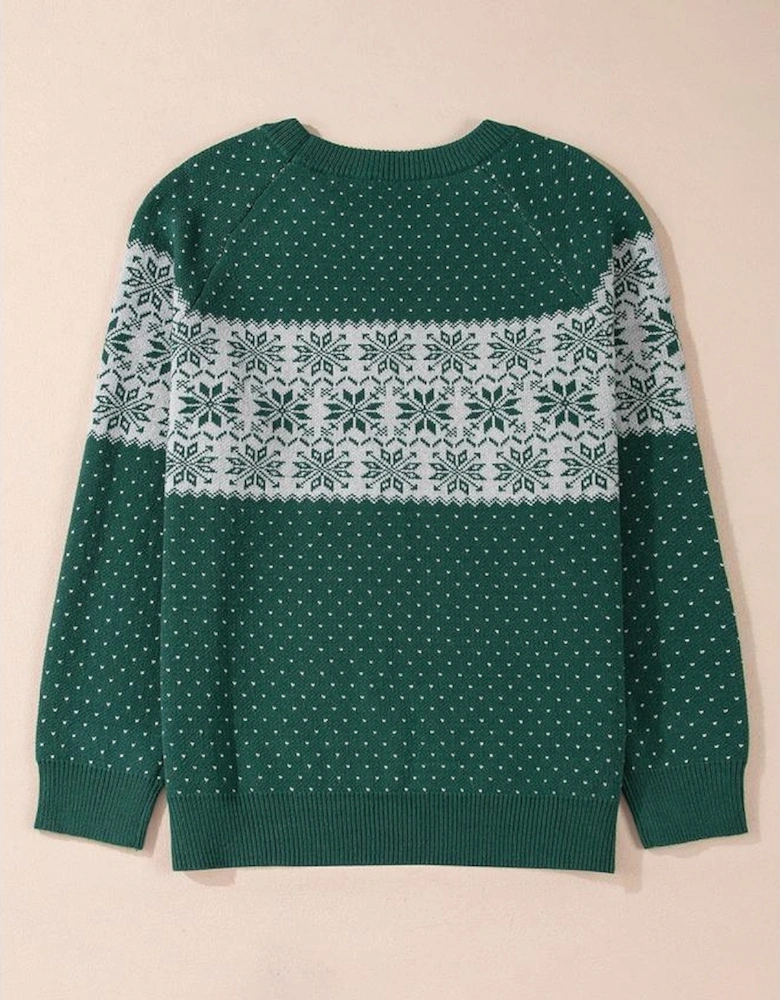 Green Christmas Snowflake Pattern Drop Shoulder Plus Size Sweater