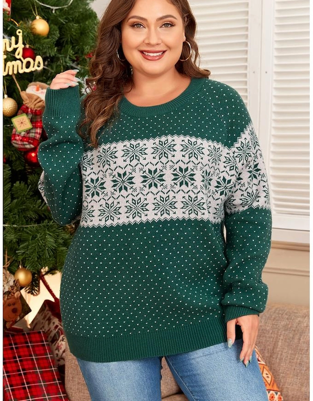 Green Christmas Snowflake Pattern Drop Shoulder Plus Size Sweater, 16 of 15