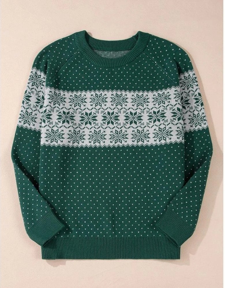 Green Christmas Snowflake Pattern Drop Shoulder Plus Size Sweater