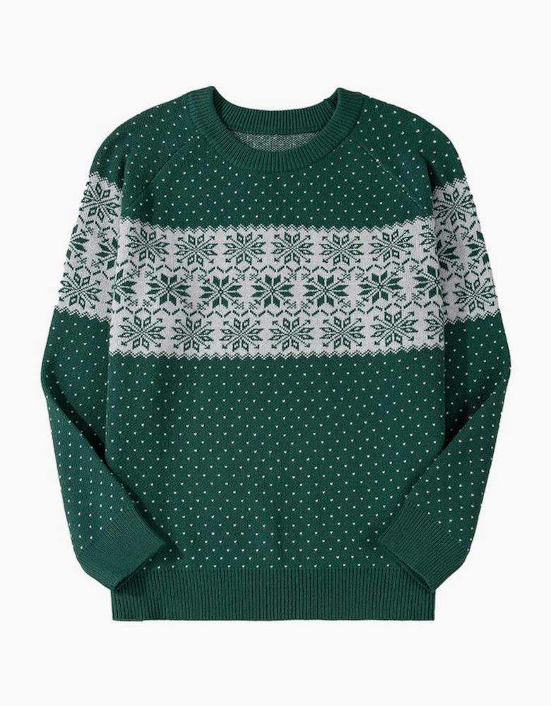 Green Christmas Snowflake Pattern Drop Shoulder Plus Size Sweater