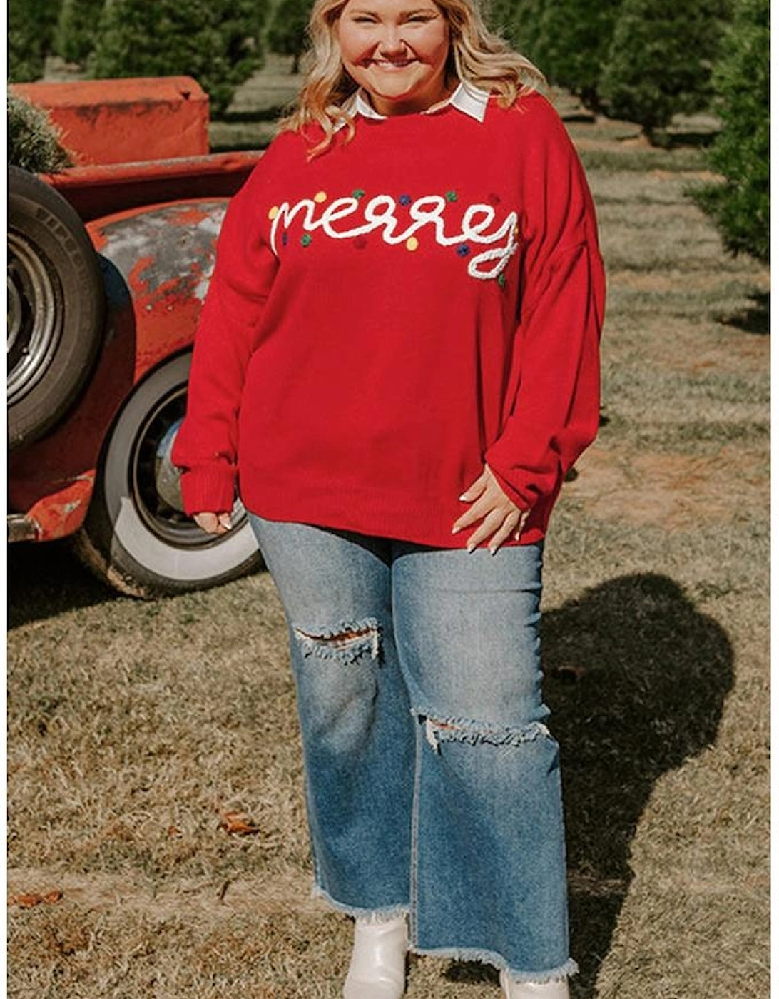 Fiery Red Merry Graphic Christmas Plus Size Sweater