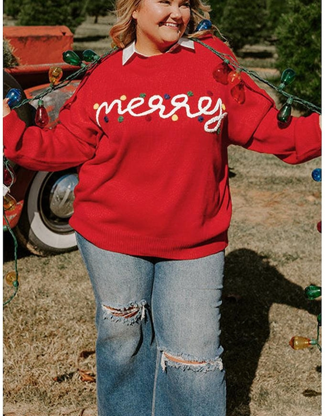 Fiery Red Merry Graphic Christmas Plus Size Sweater