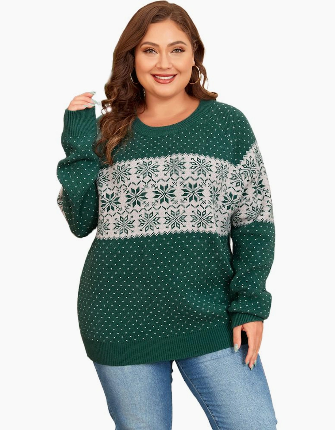 Green Christmas Snowflake Pattern Drop Shoulder Plus Size Sweater