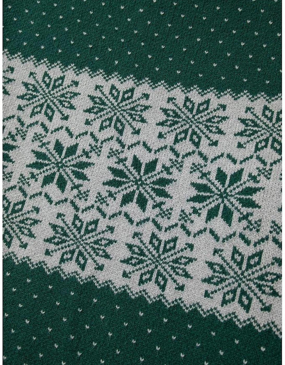 Green Christmas Snowflake Pattern Drop Shoulder Plus Size Sweater