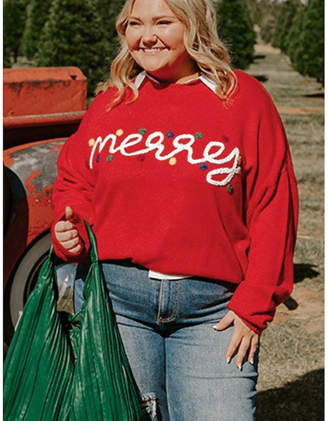 Fiery Red Merry Graphic Christmas Plus Size Sweater