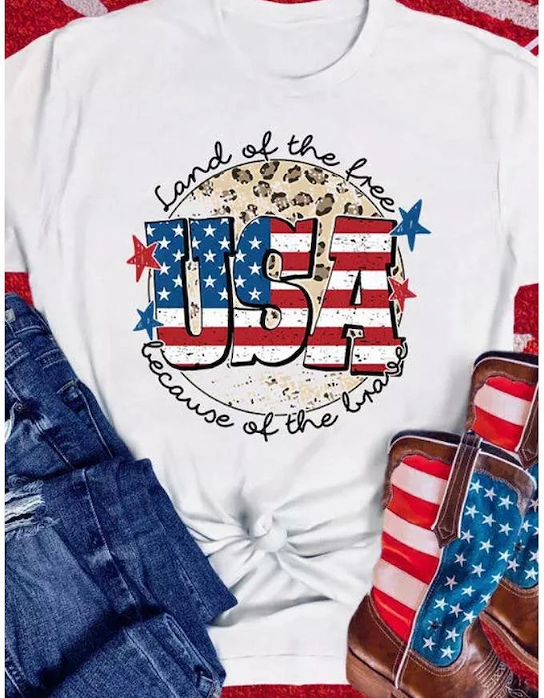 White USA Flag Slogan Graphic T-shirt