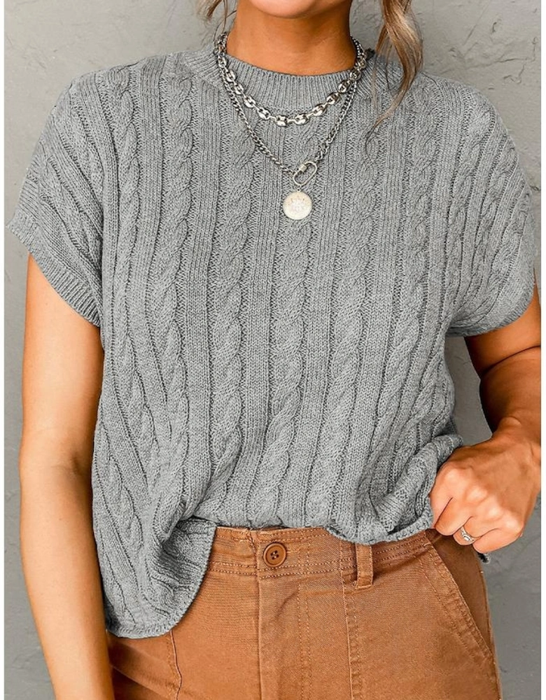 Gray Crew Neck Cable Knit Short Sleeve Sweater