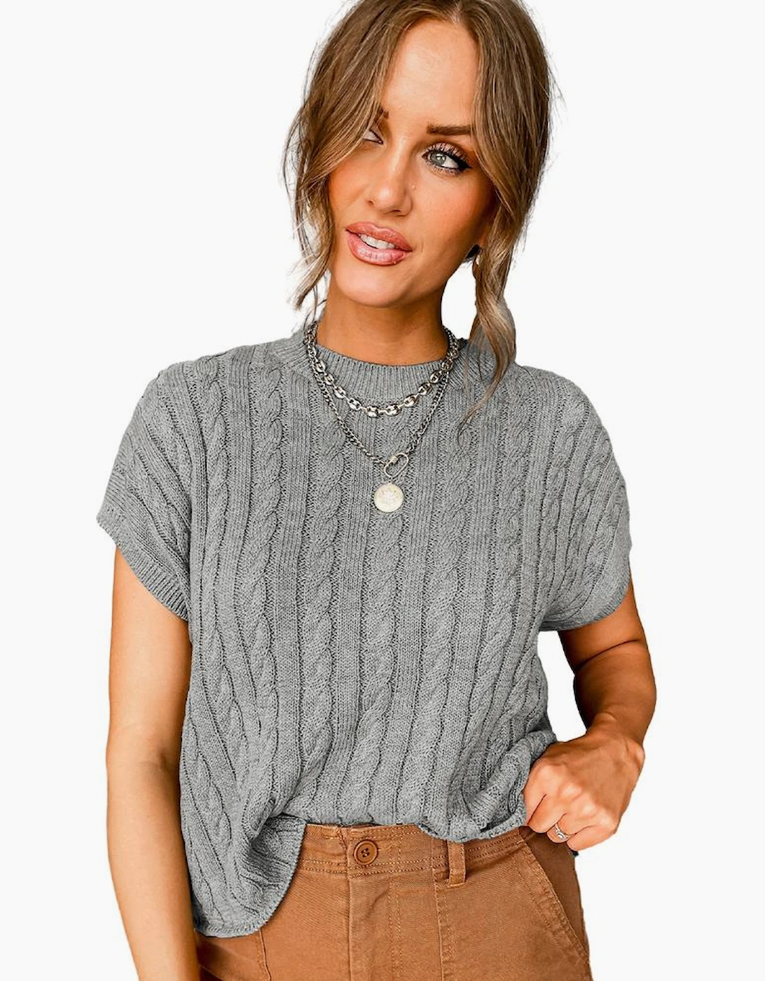 Gray Crew Neck Cable Knit Short Sleeve Sweater