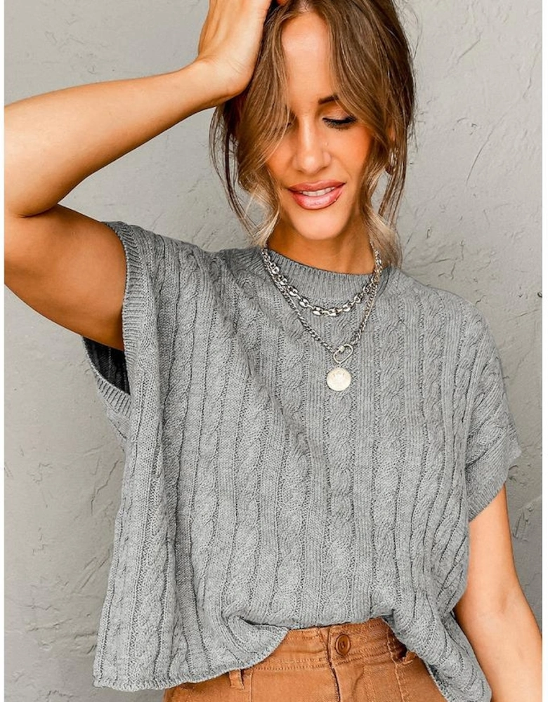 Gray Crew Neck Cable Knit Short Sleeve Sweater