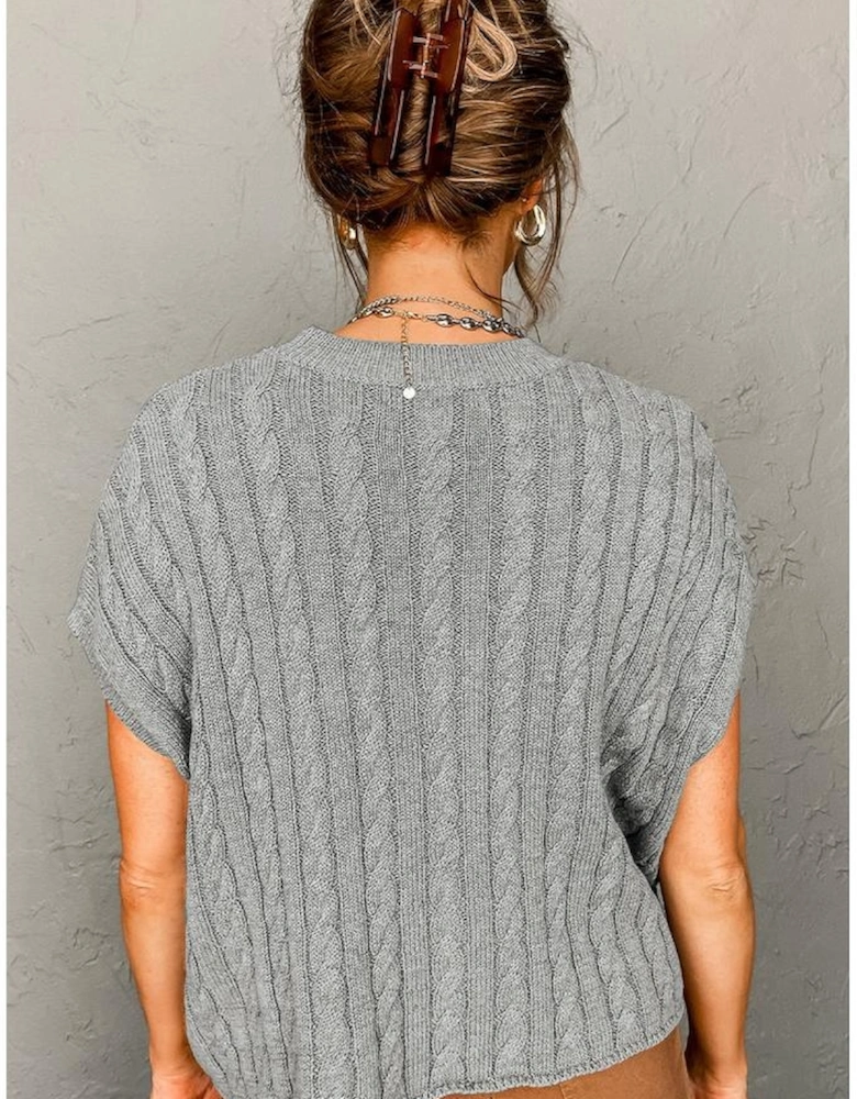 Gray Crew Neck Cable Knit Short Sleeve Sweater