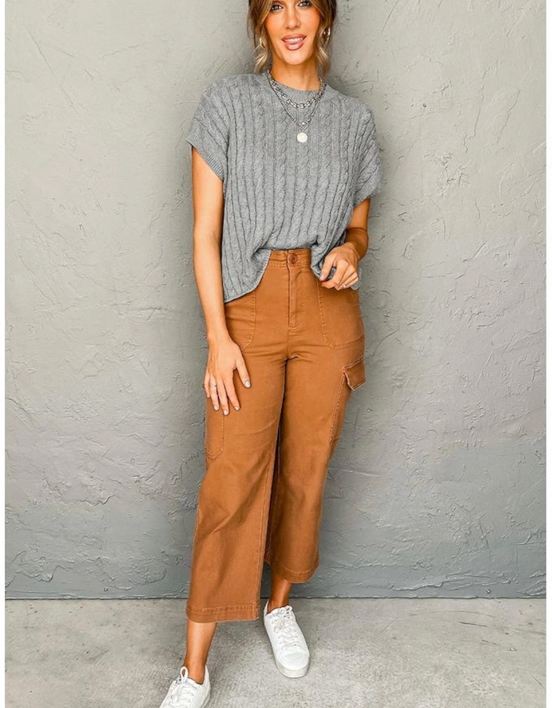 Gray Crew Neck Cable Knit Short Sleeve Sweater