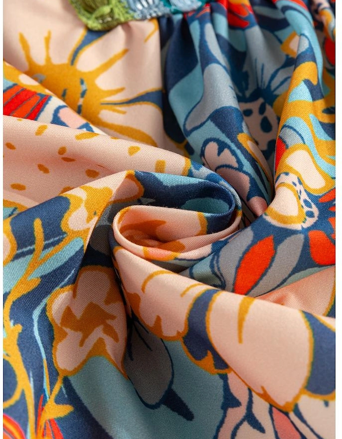 Multicolour Boho Floral Print Crochet Patchwork V Neck Loose Mini Dress