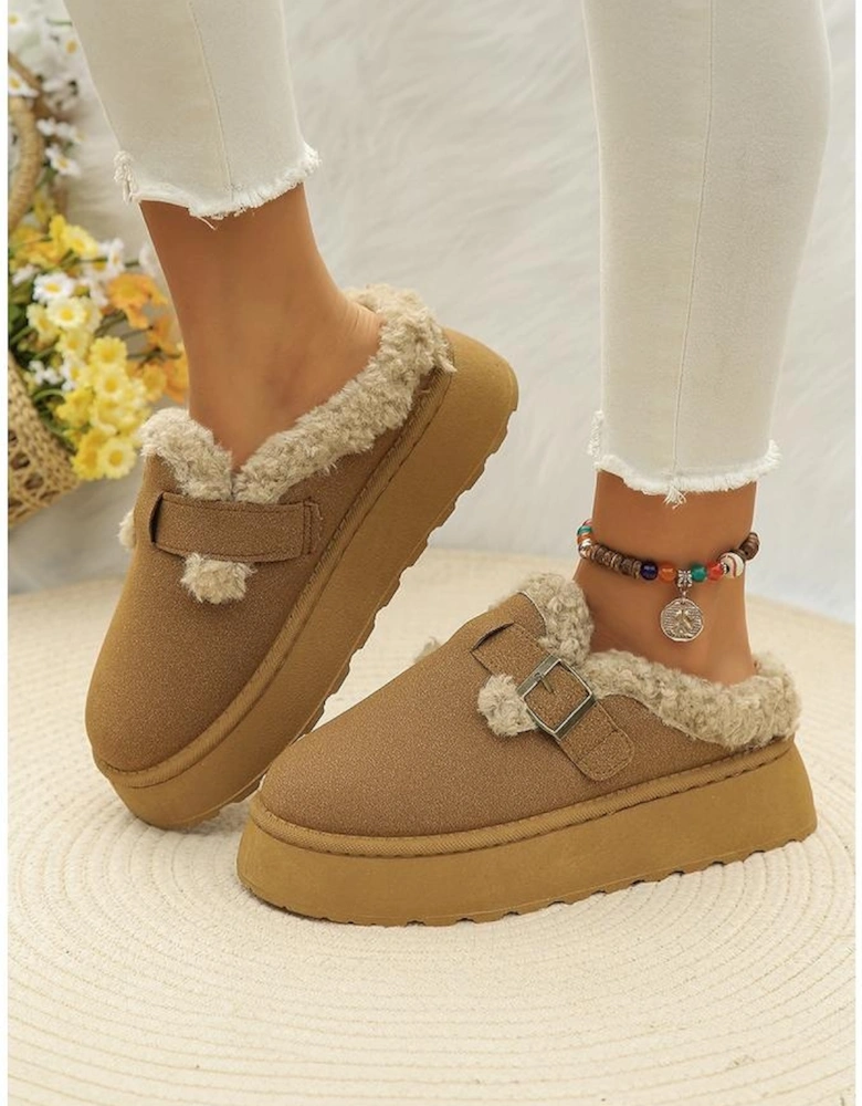Brown Plush Patched Buckle Decor Thick Sole Thermal Slippers