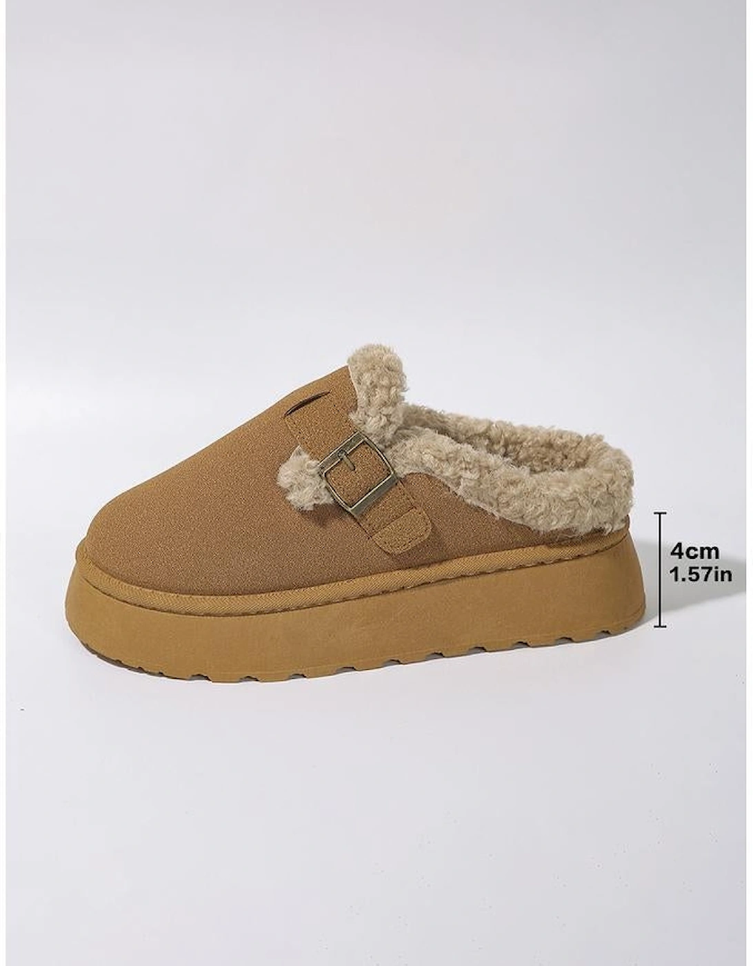 Brown Plush Patched Buckle Decor Thick Sole Thermal Slippers