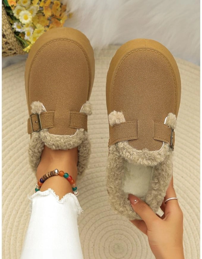 Brown Plush Patched Buckle Decor Thick Sole Thermal Slippers